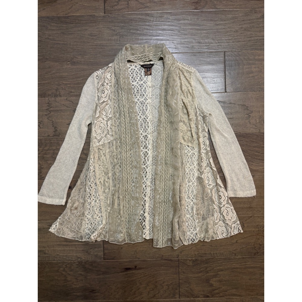 Multiples Womens Beige Lace Patchwork Open Front Cardigan Boho Mixed Media Med